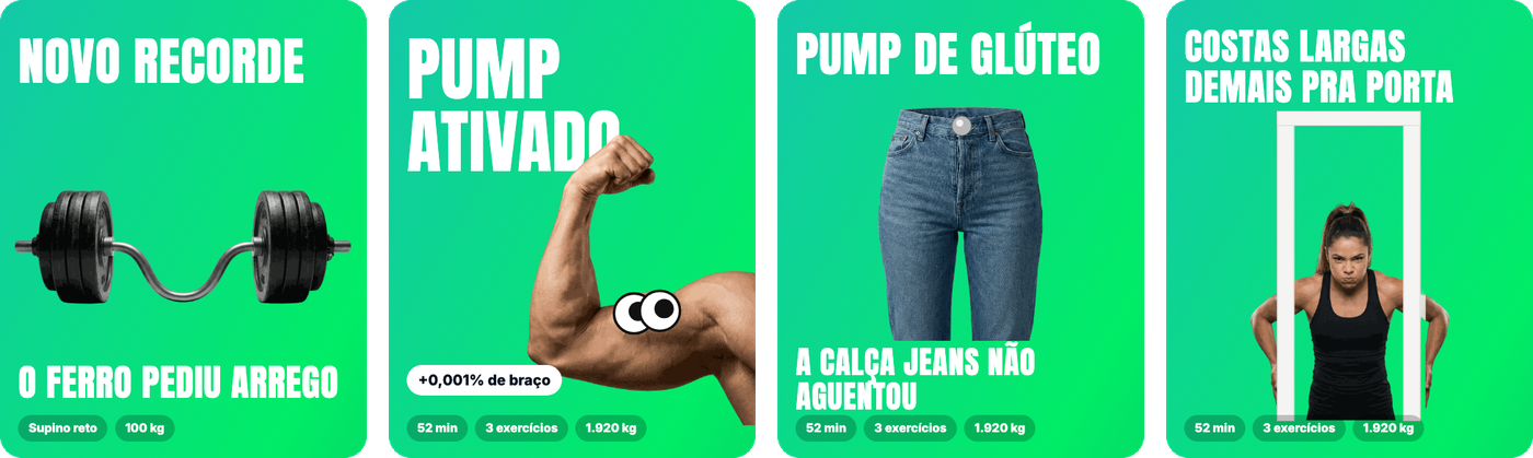 Quatro cartões do treino: novo recorde, pump ativado, pump de glúteo e costas largas demais pra porta